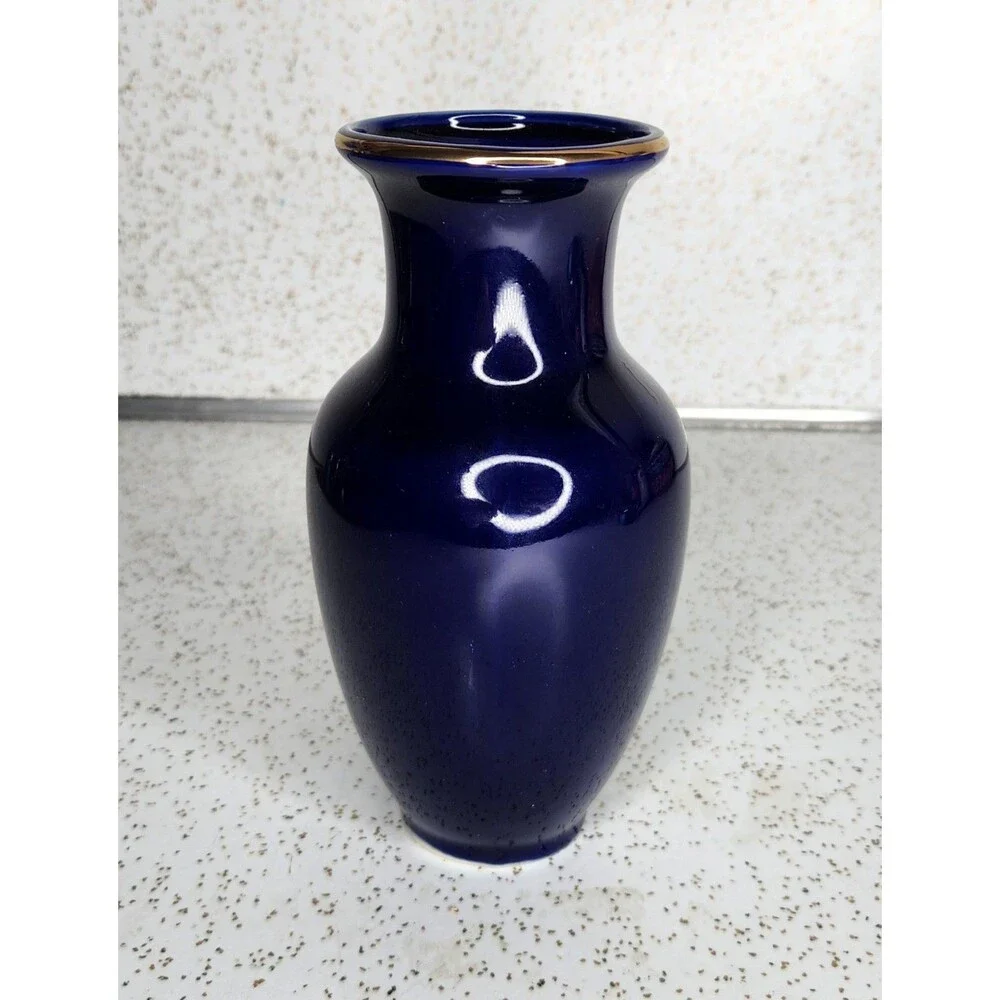 Japanese Vintage Vase Cobalt Blue Gold Painted Peacock Floral Asian Ceramic 6”H